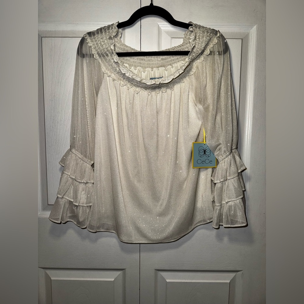 CeCe Women's Sparkly Cream Off the Shoulder Stretchy Top with Ruffle Sleeves